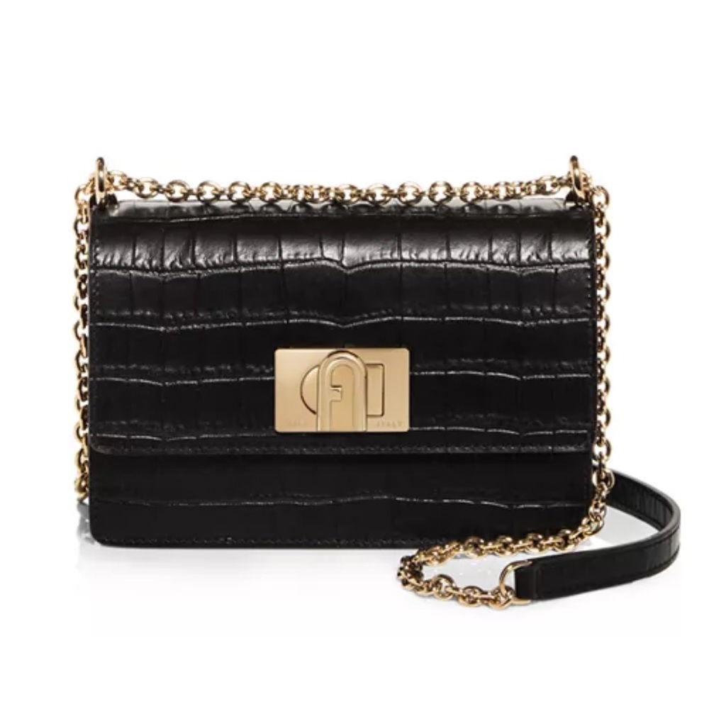FURLA 1927 Mini Black Croc-Embossed Leather Crossbody